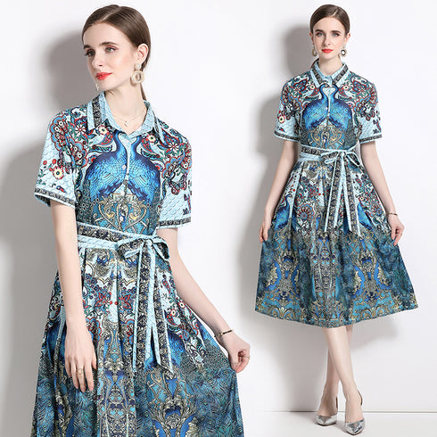 Vivid Fall Peacock Print A-Line, Collared, Belted, Short Sleeve Blue Shirt Vestidos Dress
